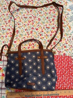 Fossil Navy Sunburst Crossbody Tote with Brown Trim